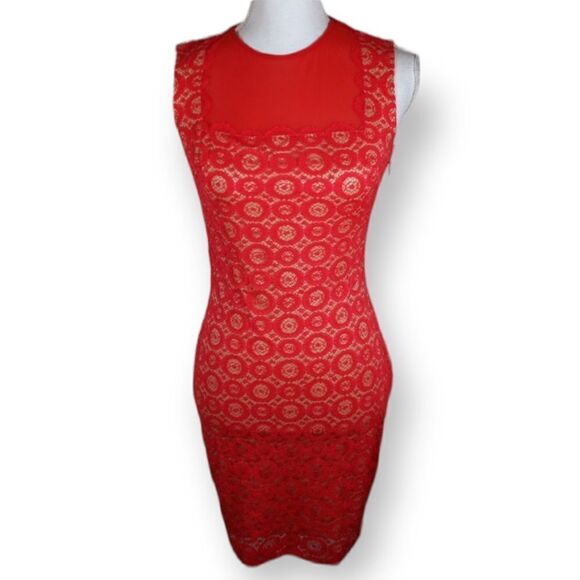 BEBE RED & NUDE LACE BODYCON DRESS SZ.XS EUC - Picture 1 of 7